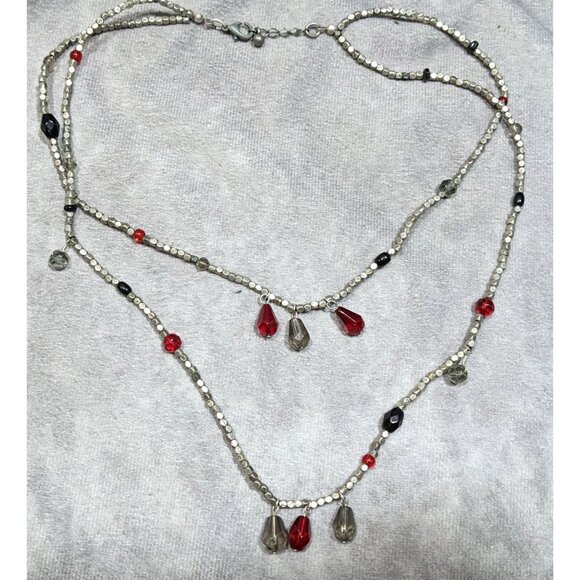Handmade Layered Red Glass And Silver Tone Metal Beaded Necklace - Picture 5 of 5